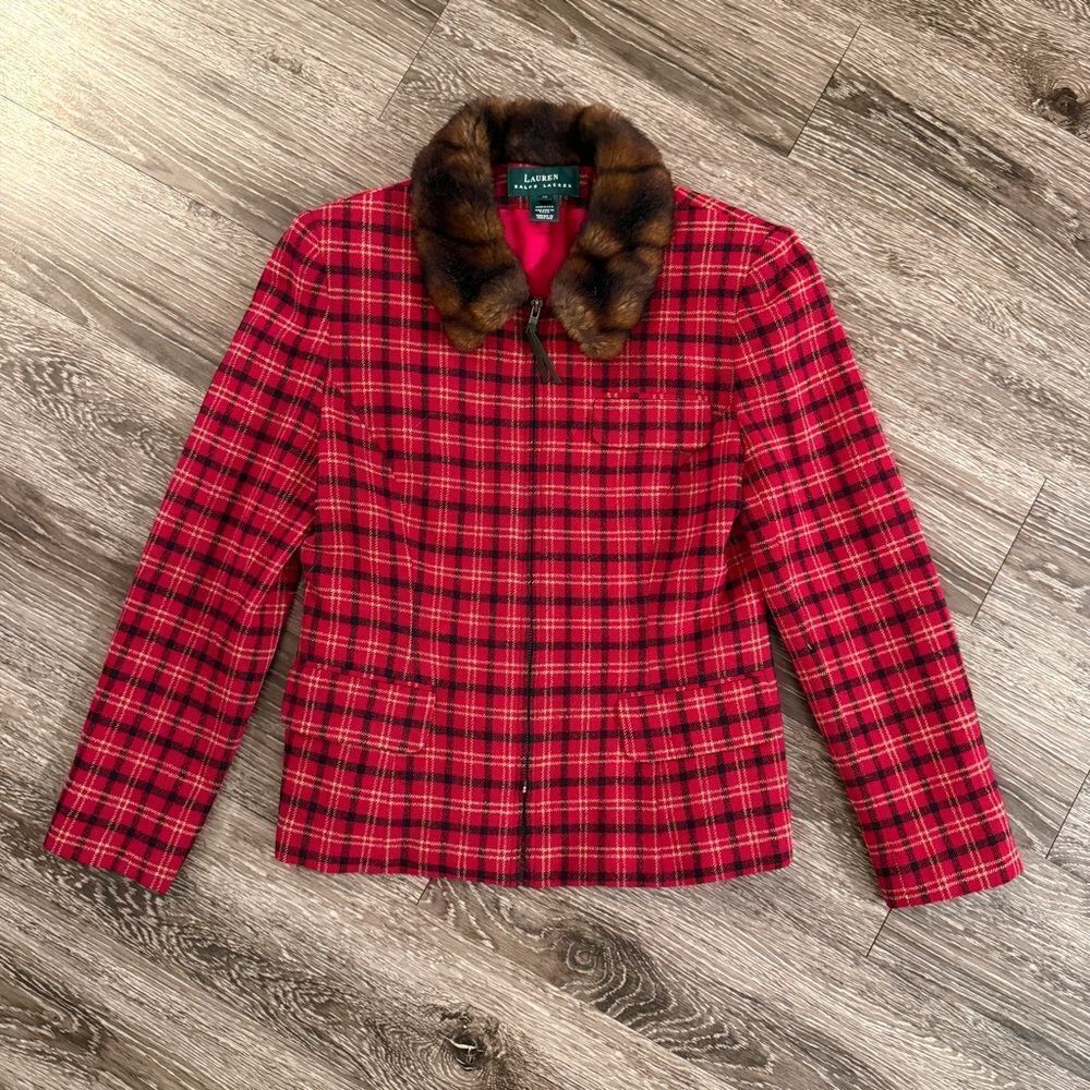 Lauren Ralph Lauren Red Plaid Faux Fur Collar Zip Up Jacket
